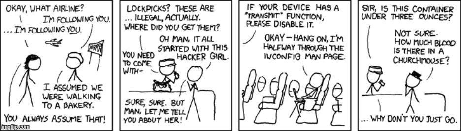 XKCD goes to the airport | image tagged in airport,bakery,hacker,device,security,blood | made w/ Imgflip meme maker