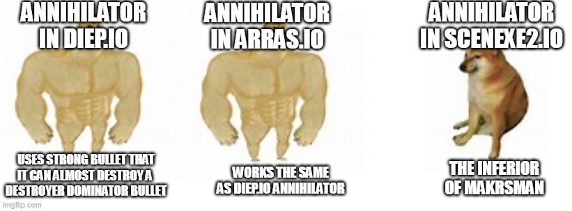 2 buff doge vs 1 cheems | ANNIHILATOR IN DIEP.IO; ANNIHILATOR IN ARRAS.IO; ANNIHILATOR IN SCENEXE2.IO; USES STRONG BULLET THAT IT CAN ALMOST DESTROY A 
DESTROYER DOMINATOR BULLET; THE INFERIOR OF MAKRSMAN; WORKS THE SAME AS DIEP.IO ANNIHILATOR | image tagged in 2 buff doge vs 1 cheems | made w/ Imgflip meme maker