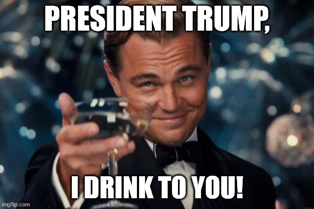 Gawd Is King, Trump is Best!Tra*ys eat sh*t! Heterosexuals win! Only Women play Women! Christians Are Back, Baby Jesus! YEAH!!! | PRESIDENT TRUMP, I DRINK TO YOU! | image tagged in memes,leonardo dicaprio cheers,donald trump,god is love,love wins,best memes | made w/ Imgflip meme maker