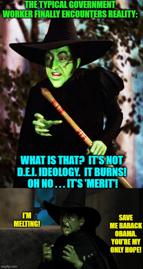 Times, they are a-changing | THE TYPICAL GOVERNMENT WORKER FINALLY ENCOUNTERS REALITY:; WHAT IS THAT?  IT'S NOT D.E.I. IDEOLOGY.  IT BURNS!  OH NO . . . IT'S 'MERIT'! I'M MELTING! SAVE ME BARACK OBAMA.  YOU'RE MY ONLY HOPE! | image tagged in yep | made w/ Imgflip meme maker