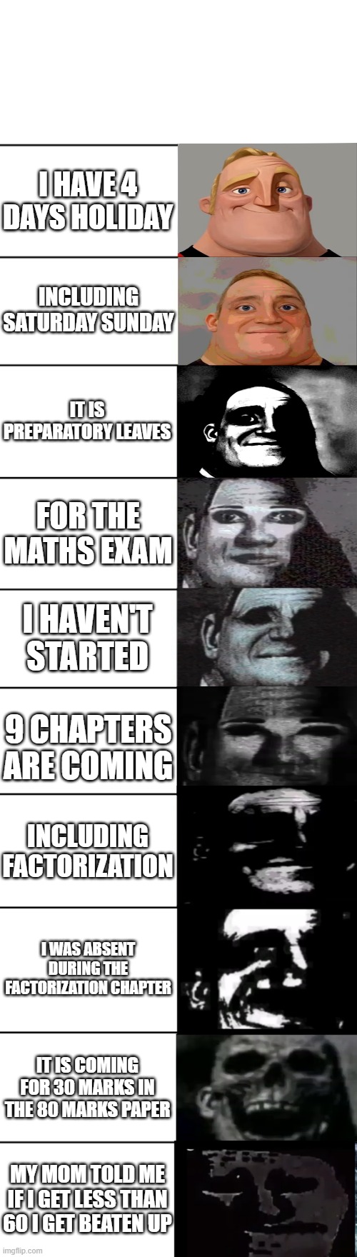 Mr. Incredible becoming uncanny | I HAVE 4 DAYS HOLIDAY; INCLUDING SATURDAY SUNDAY; IT IS PREPARATORY LEAVES; FOR THE MATHS EXAM; I HAVEN'T STARTED; 9 CHAPTERS ARE COMING; INCLUDING FACTORIZATION; I WAS ABSENT DURING THE FACTORIZATION CHAPTER; IT IS COMING FOR 30 MARKS IN THE 80 MARKS PAPER; MY MOM TOLD ME IF I GET LESS THAN 60 I GET BEATEN UP | image tagged in mr incredible becoming uncanny | made w/ Imgflip meme maker