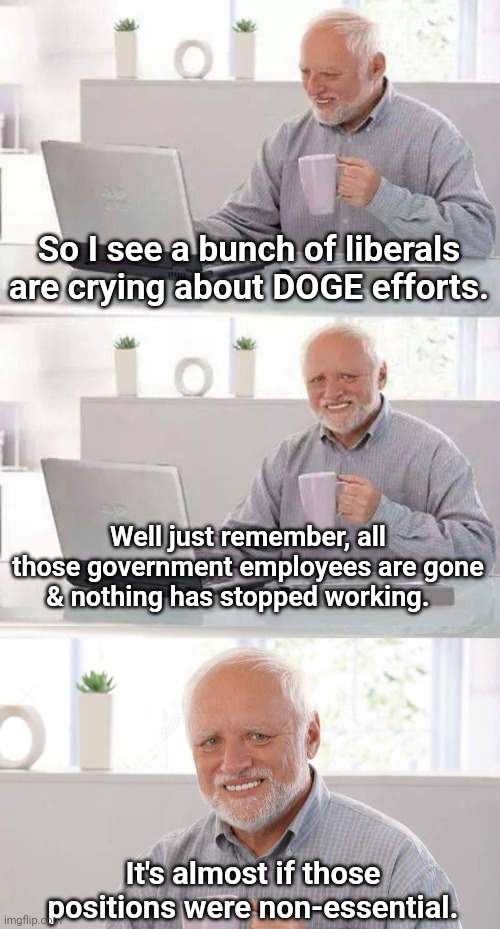 So I see a bunch of liberals are crying about DOGE efforts. Well just remember, all those government employees are gone & nothing has stopped working. It's almost if those positions were non-essential. | image tagged in memes,hide the pain harold,old man cup of coffee | made w/ Imgflip meme maker