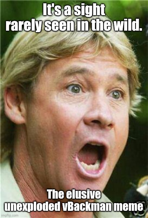 Steve Irwin shocked | It's a sight rarely seen in the wild. The elusive unexploded vBackman meme | image tagged in steve irwin shocked | made w/ Imgflip meme maker