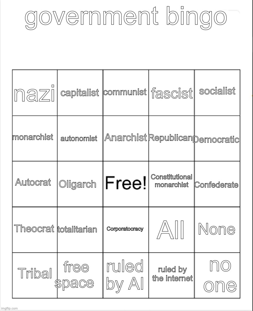 Blank Bingo | government bingo; communist; capitalist; socialist; nazi; fascist; Anarchist; monarchist; Democratic; Republican; autonomist; Constitutional monarchist; Autocrat; Oligarch; Confederate; Theocrat; totalitarian; None; All; Corporatocracy; free space; no one; Tribal; ruled by AI; ruled by the internet | image tagged in blank bingo | made w/ Imgflip meme maker