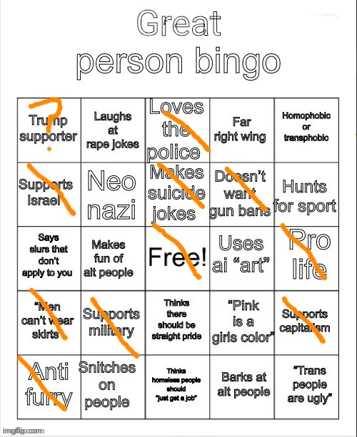 Very much a satire bingo, but hey, I'm proud of my honest answers | image tagged in great person bingo | made w/ Imgflip meme maker