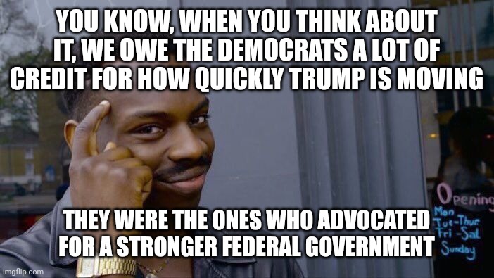 Thank you Democrats! :D | YOU KNOW, WHEN YOU THINK ABOUT IT, WE OWE THE DEMOCRATS A LOT OF CREDIT FOR HOW QUICKLY TRUMP IS MOVING; THEY WERE THE ONES WHO ADVOCATED FOR A STRONGER FEDERAL GOVERNMENT | image tagged in memes,roll safe think about it | made w/ Imgflip meme maker