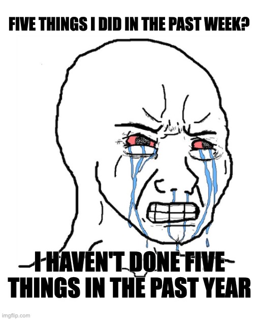 I CAN'T STAND THE STRESS.  I NEED MY MOM. | FIVE THINGS I DID IN THE PAST WEEK? I HAVEN'T DONE FIVE THINGS IN THE PAST YEAR | image tagged in liberal tears | made w/ Imgflip meme maker