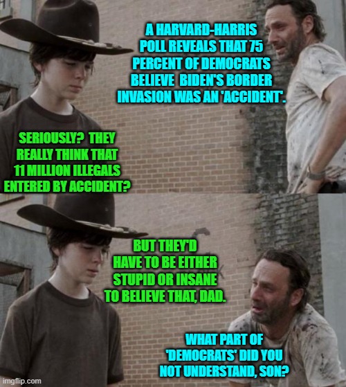 In regards to sane and intelligent people, the mind boggles. | A HARVARD-HARRIS POLL REVEALS THAT 75 PERCENT OF DEMOCRATS BELIEVE  BIDEN'S BORDER INVASION WAS AN 'ACCIDENT'. SERIOUSLY?  THEY REALLY THINK THAT 11 MILLION ILLEGALS ENTERED BY ACCIDENT? BUT THEY'D HAVE TO BE EITHER STUPID OR INSANE TO BELIEVE THAT, DAD. WHAT PART OF 'DEMOCRATS' DID YOU NOT UNDERSTAND, SON? | image tagged in rick and carl | made w/ Imgflip meme maker