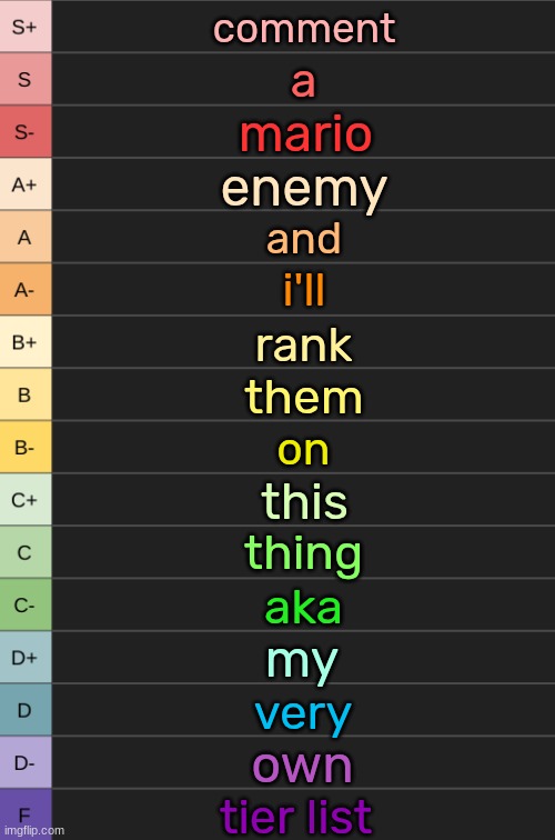 yoshi's new tierlist | comment; a; mario; enemy; and; i'll; rank; them; on; this; thing; aka; my; very; own; tier list | image tagged in yoshi's new tierlist | made w/ Imgflip meme maker