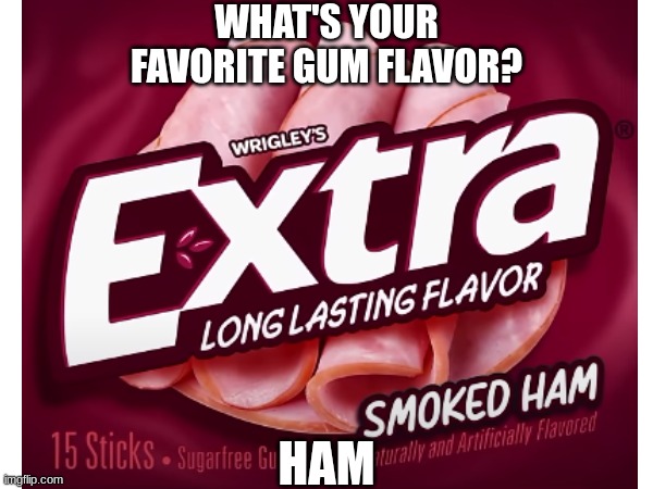 Is it healthy? | WHAT'S YOUR FAVORITE GUM FLAVOR? HAM | image tagged in ham,funny,weird,cursed image | made w/ Imgflip meme maker