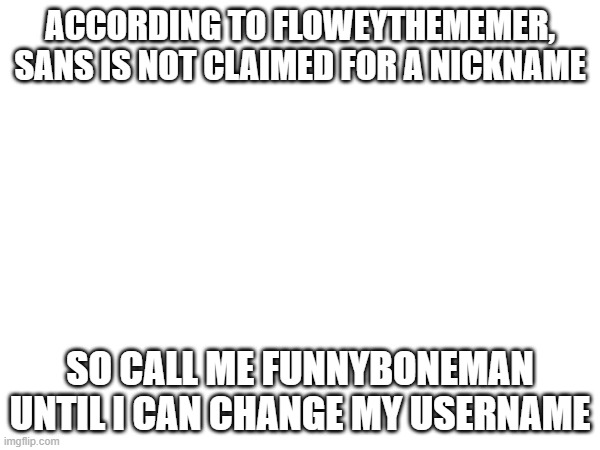 ACCORDING TO FLOWEYTHEMEMER, SANS IS NOT CLAIMED FOR A NICKNAME; SO CALL ME FUNNYBONEMAN UNTIL I CAN CHANGE MY USERNAME | image tagged in sans,undertale | made w/ Imgflip meme maker