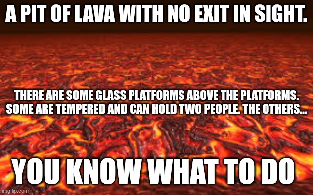 Lava | A PIT OF LAVA WITH NO EXIT IN SIGHT. THERE ARE SOME GLASS PLATFORMS ABOVE THE PLATFORMS. SOME ARE TEMPERED AND CAN HOLD TWO PEOPLE. THE OTHERS... YOU KNOW WHAT TO DO | image tagged in lava | made w/ Imgflip meme maker