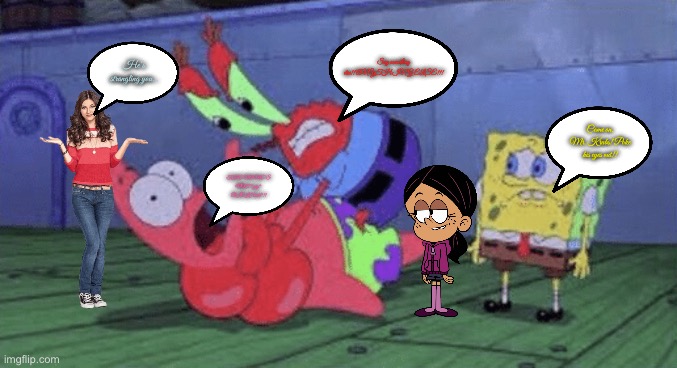 Mr. Krabs Snaps (Comic Panel 7) (Updated) | Say something else!! ANYTHING ELSE!!! He’s strangling you…; Come on, Mr. Krabs! Poke his eyes out!! THE NAME’S NOT *gag* RICK *hack*!! | image tagged in mr krabs choking patrick,nickelodeon,mr krabs,ronnie anne santiago,spongebob squarepants,patrick star | made w/ Imgflip meme maker