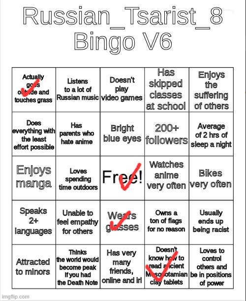 whoever made this needs help | image tagged in russian_tsarist_8 bingo v6 | made w/ Imgflip meme maker