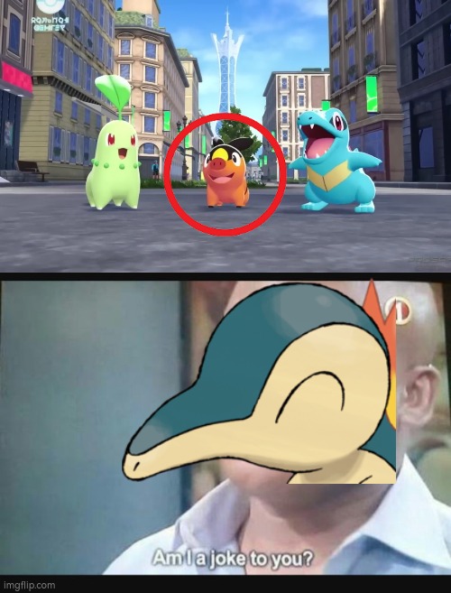 Good news: There's a new first Pokémon ZA trailer! Strange news: Those Starter are kinda weird. (Especially "Johto" Starter) | image tagged in am i a joke to you,cyndaquil,pokemon za | made w/ Imgflip meme maker