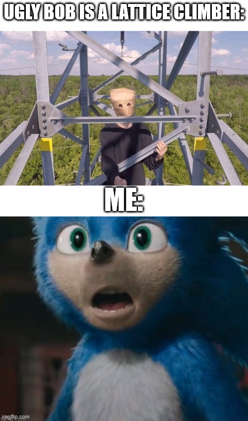 Ugly Sonic meme | UGLY BOB IS A LATTICE CLIMBER:; ME: | image tagged in borntoclimbtowers,sonic the hedgehog,ugly bob,south park,lattice climbing,climbing | made w/ Imgflip meme maker