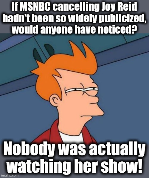 Futurama Fry Meme | If MSNBC cancelling Joy Reid
hadn't been so widely publicized,
would anyone have noticed? Nobody was actually
watching her show! | image tagged in memes,futurama fry,joy reid,msnbc,democrats,cancelled | made w/ Imgflip meme maker