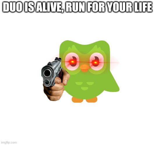 Ruega por tu vida en ingles | DUO IS ALIVE, RUN FOR YOUR LIFE | image tagged in spanish,duolingo | made w/ Imgflip meme maker