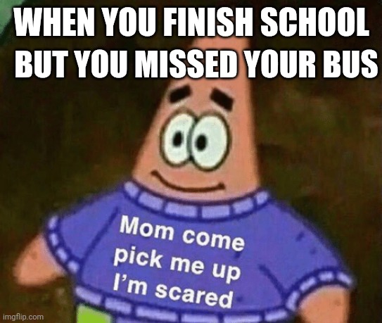 When you finish school | BUT YOU MISSED YOUR BUS; WHEN YOU FINISH SCHOOL | image tagged in mom come pick me up i'm scared | made w/ Imgflip meme maker