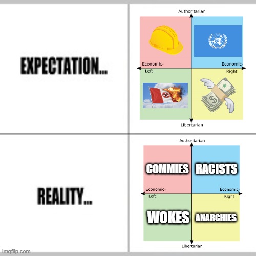 Expectation vs Reality | RACISTS; COMMIES; WOKES; ANARCHIES | image tagged in expectation vs reality,political compass | made w/ Imgflip meme maker