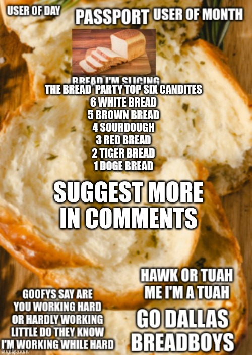 hawk bread ancoment | THE BREAD  PARTY TOP SIX CANDITES
6 WHITE BREAD
5 BROWN BREAD
4 SOURDOUGH
3 RED BREAD
2 TIGER BREAD
1 DOGE BREAD; SUGGEST MORE IN COMMENTS | image tagged in hawk bread ancoment | made w/ Imgflip meme maker