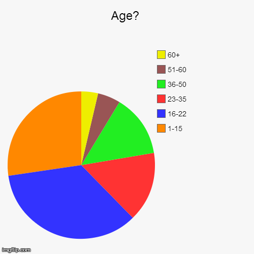 Age? | 1-15, 16-22, 23-35, 36-50, 51-60, 60+ | image tagged in funny,pie charts | made w/ Imgflip chart maker