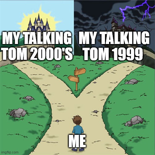 Two Paths | MY TALKING TOM 1999; MY TALKING TOM 2000'S; ME | image tagged in two paths | made w/ Imgflip meme maker