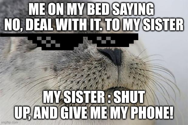 Satisfied Seal Meme | ME ON MY BED SAYING   NO, DEAL WITH IT. TO MY SISTER; MY SISTER : SHUT UP, AND GIVE ME MY PHONE! | image tagged in memes,satisfied seal | made w/ Imgflip meme maker