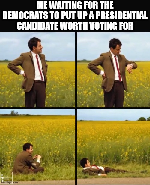 Who to Vote for? | ME WAITING FOR THE DEMOCRATS TO PUT UP A PRESIDENTIAL CANDIDATE WORTH VOTING FOR | image tagged in mr bean waiting | made w/ Imgflip meme maker