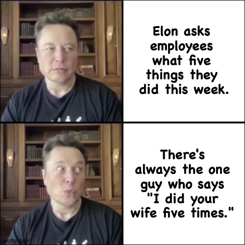 Don't ask the question unless... | Elon asks employees what five things they
 did this week. There's always the one guy who says "I did your wife five times." | image tagged in elon musk | made w/ Imgflip meme maker