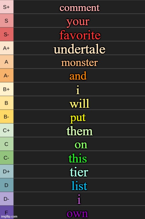 comment your favorite undertale monster | comment; your; favorite; undertale; monster; and; i; will; put; them; on; this; tier; list; i; own | image tagged in yoshi's new tierlist | made w/ Imgflip meme maker