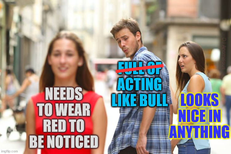 No turn on red | DJ Anomalous; ——; FULL OF
ACTING
LIKE BULL; NEEDS TO WEAR RED TO BE NOTICED; LOOKS NICE IN
ANYTHING | image tagged in relationships,distraction,big trouble,hold on,good girlfriend | made w/ Imgflip meme maker