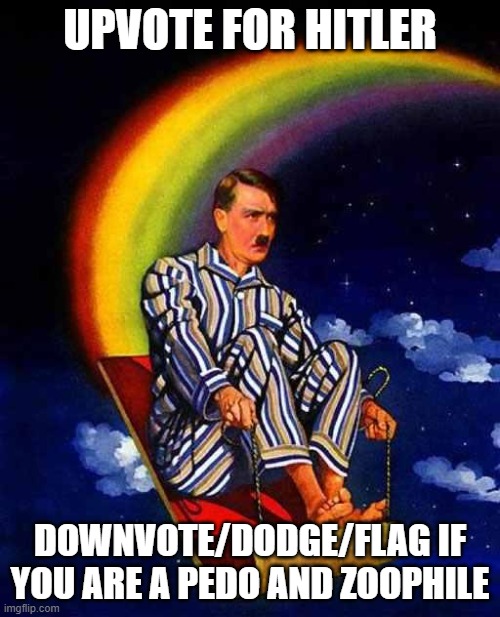 Upvote. | UPVOTE FOR HITLER; DOWNVOTE/DODGE/FLAG IF YOU ARE A PEDO AND ZOOPHILE | image tagged in random hitler | made w/ Imgflip meme maker