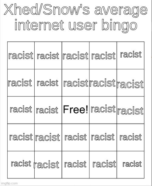 Blank Bingo | Xhed/Snow's average internet user bingo; racist; racist; racist; racist; racist; racist; racist; racist; racist; racist; racist; racist; racist; racist; racist; racist; racist; racist; racist; racist; racist; racist; racist; racist | image tagged in blank bingo | made w/ Imgflip meme maker