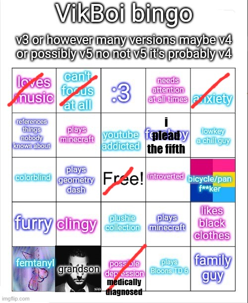 VikBoi bingo | i plead the fifth; medically diagnosed | image tagged in vikboi bingo | made w/ Imgflip meme maker