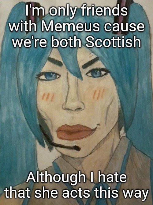 I try and tell her that this is why MSMG hates her | I'm only friends with Memeus cause we're both Scottish; Although I hate that she acts this way | image tagged in hatsune mewku | made w/ Imgflip meme maker