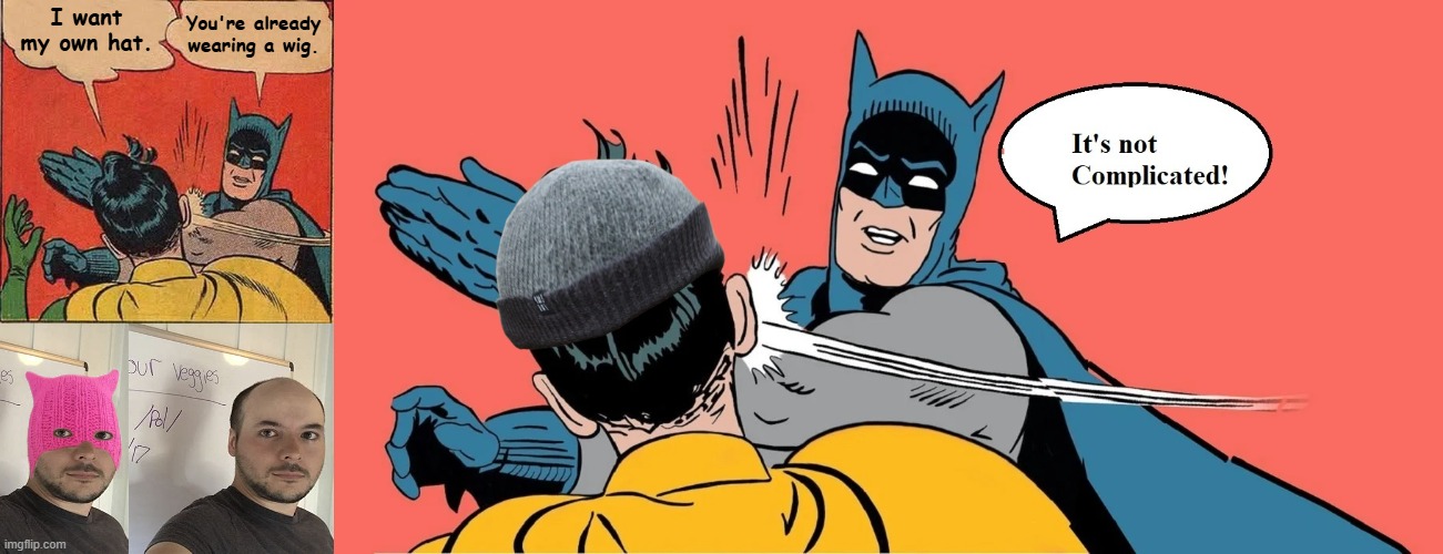 I want my own hat. You're already wearing a wig. | image tagged in memes,batman slapping robin | made w/ Imgflip meme maker