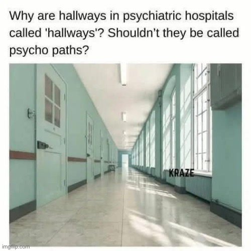 Psychiatric Hospital | image tagged in hallway,psychiatrist,hospital,psychopath | made w/ Imgflip meme maker