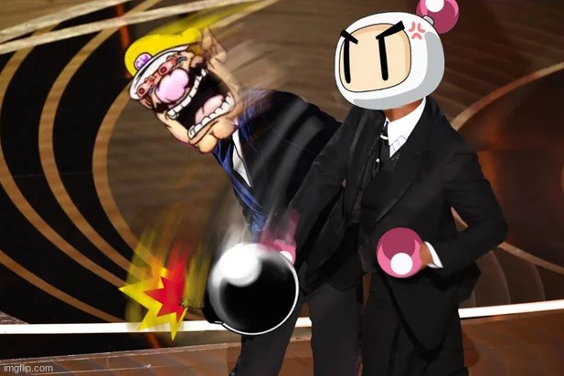 White Bomber smacks Wario | image tagged in white bomber smacks wario | made w/ Imgflip meme maker