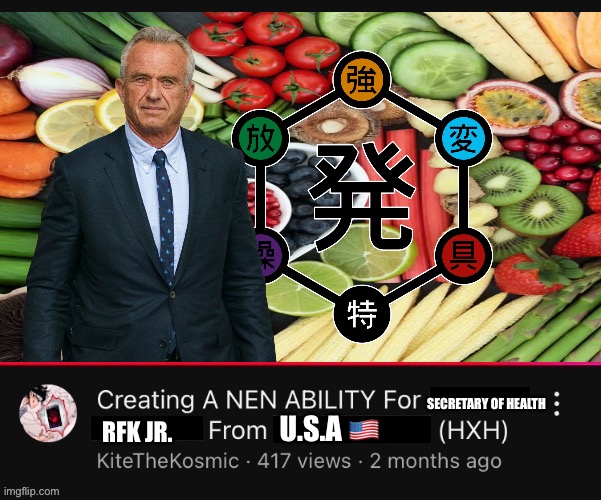 Creating a Nen Ability for (  ) from (  )  (HXH)  YouTube Video | SECRETARY OF HEALTH; U.S.A 🇺🇸; RFK JR. | image tagged in creating a nen ability for from hxh youtube video,memes,anime meme,funny,lol,hunter x hunter | made w/ Imgflip meme maker