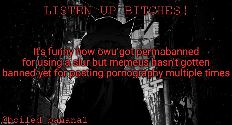 (release owu) | It's funny how owu got permabanned for using a slur but memeus hasn't gotten banned yet for posting pornography multiple times | image tagged in boiled_banana1 temp | made w/ Imgflip meme maker