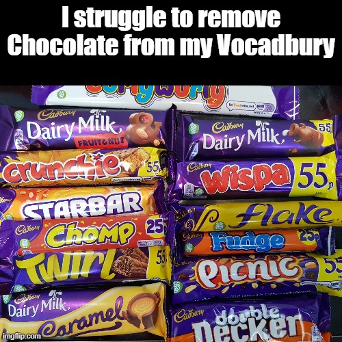 Vocadbury | I struggle to remove Chocolate from my Vocadbury | image tagged in black square,chocolate,pun,vocabulary | made w/ Imgflip meme maker