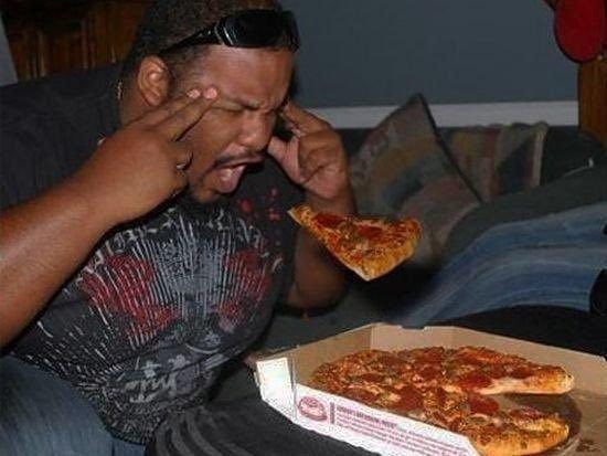 Guy levitating pizza slice with mind Blank Meme Template