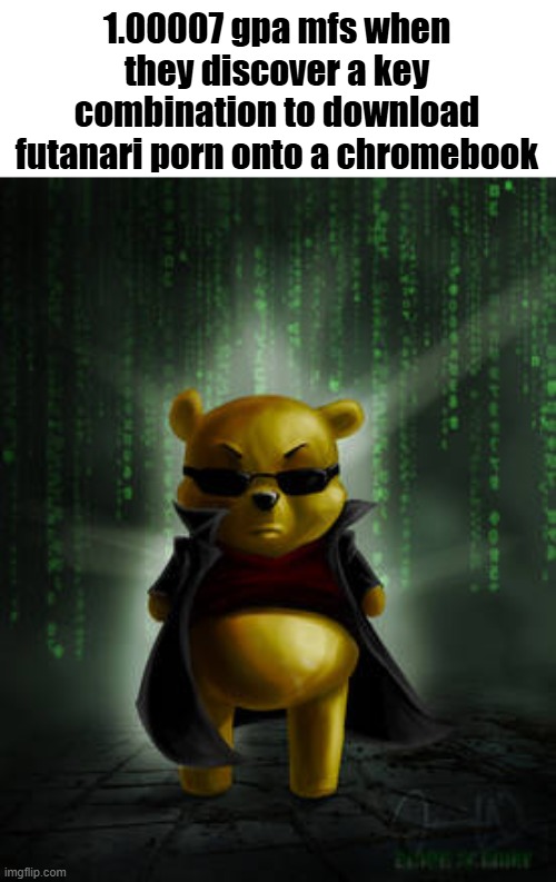 The Matrix Winnie the Pooh | 1.00007 gpa mfs when they discover a key combination to download futanari porn onto a chromebook | image tagged in the matrix winnie the pooh | made w/ Imgflip meme maker