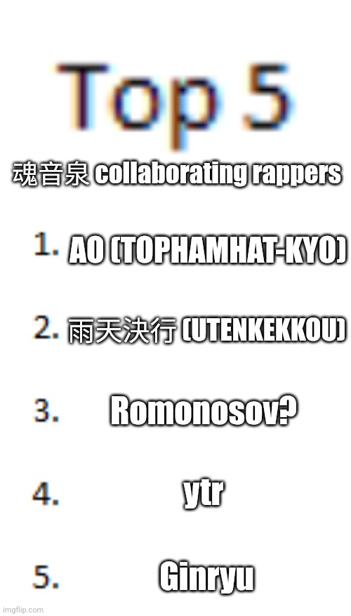 Top 5 List | 魂音泉 collaborating rappers; AO (TOPHAMHAT-KYO); 雨天決行 (UTENKEKKOU); Romonosov? ytr; Ginryu | image tagged in top 5 list | made w/ Imgflip meme maker