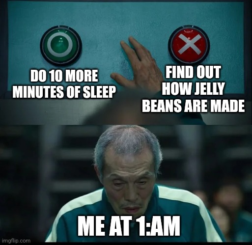 Squid Game Two Buttons | DO 10 MORE MINUTES OF SLEEP; FIND OUT HOW JELLY BEANS ARE MADE; ME AT 1:AM | image tagged in squid game two buttons | made w/ Imgflip meme maker