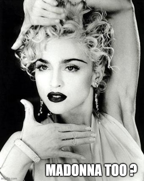 madonna strike a pose | MADONNA TOO ? | image tagged in madonna strike a pose | made w/ Imgflip meme maker