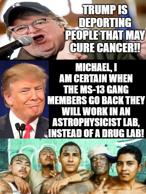 Trump is deporting people who may cure cancer!!! Democrats are really this stupid! | TRUMP IS DEPORTING PEOPLE THAT MAY CURE CANCER!! MICHAEL, I AM CERTAIN WHEN THE MS-13 GANG MEMBERS GO BACK THEY WILL WORK IN AN ASTROPHYSICIST LAB, INSTEAD OF A DRUG LAB! | image tagged in illegal aliens | made w/ Imgflip meme maker