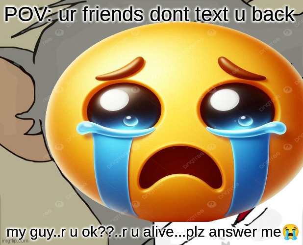 relatable.or no? | POV: ur friends dont text u back; my guy..r u ok??..r u alive...plz answer me😭 | image tagged in memes,unsettled tom | made w/ Imgflip meme maker