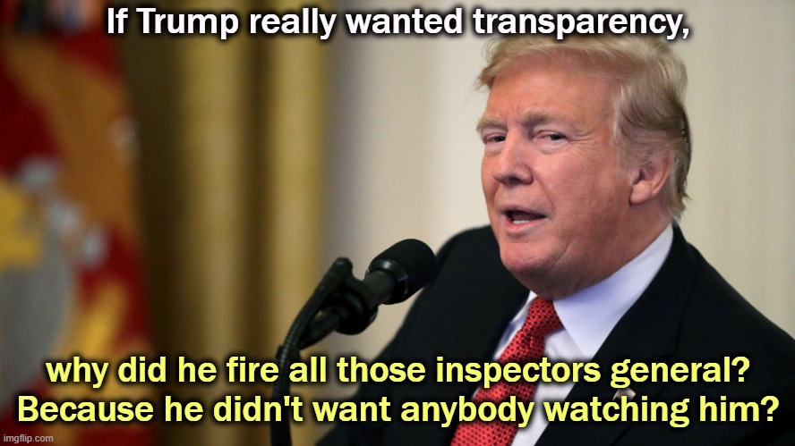 A criminal doesn't want witnesses. | If Trump really wanted transparency, why did he fire all those inspectors general?
Because he didn't want anybody watching him? | image tagged in trump con man side eye,trump,crime,criminal,witnesses | made w/ Imgflip meme maker